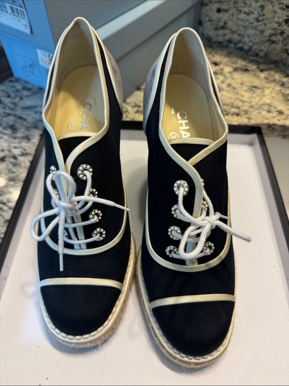 CHANEL Navy and Cream Espadrille Wedge Lace-Up Shoes with Pearl Eyelets